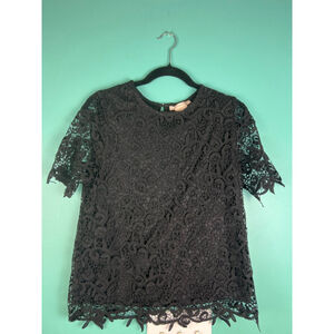 Philosophy Black Lace Top Women's Small Short Sleeve Lined Crochet Overlay Blous
